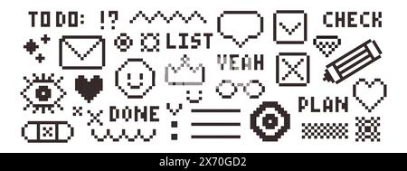 Pixel Y2K Retro-Aufkleber-Pack. 8-Bit-Symbole im trendigen Retro-Stil. Checkliste, Plan, To-do-Liste. Cartoon Graffiti Tattoo Stock Vektor