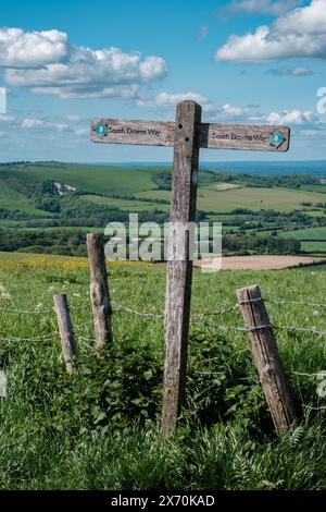 South Downs Way Wegweiser am Firle Beacon am Nachmittag im Mai Stockfoto