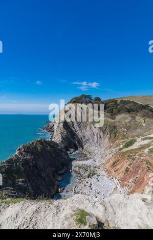 Lulworth zerknittert die Felsformation in Stair Hole, Dorset, England, an einem sonnigen Apriltag mit blauem Himmel, gefalteten Kalksteinschichten Stockfoto