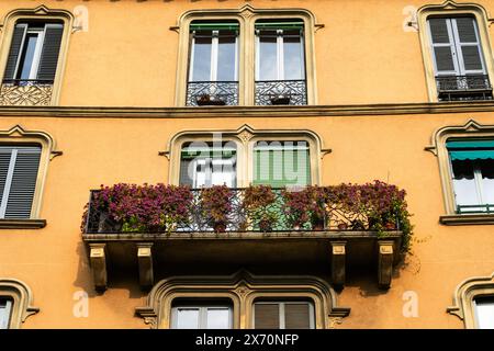 Lebhafter Balkon mit Blumen in einem traditionellen europäischen Gebäude Stockfoto