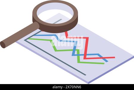 Isometrische Darstellung einer Lupe über Papier mit bunten Wachstumskarten Stock Vektor