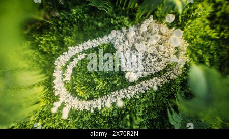 Stilisiertes 3D-Rendering eines Medizinkapselsymbols aus weißen Pilzen, umgeben von leuchtend grünem Moos und Farnen, das das Konzept von n veranschaulicht Stockfoto