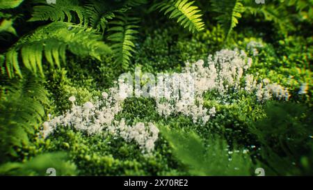 3D-Rendering einer Weltkarte aus weißen Pilzen, die auf grünem Moos wachsen und die Verflechtung von Natur und globaler ökologischer Susta darstellen Stockfoto