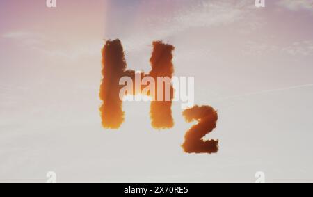 3D-Rendering des Symbols H2, das durch Wolken bei Sonnenuntergang gebildet wird und Wasserstoff als saubere Energiequelle darstellt. Der sonnendurchflutete Himmel unterstreicht das Versprechen eines s Stockfoto