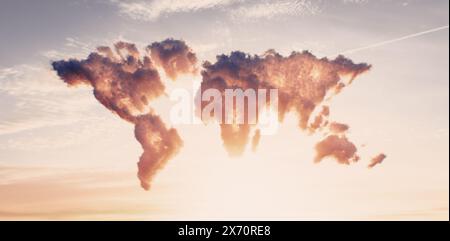 Ein 3D-Rendering wolkenförmiger Kontinente im Abendlicht symbolisiert globale Einheit und ökologische Nachhaltigkeit. Der beschauliche Sonnenuntergang spiegelt sich wieder Stockfoto