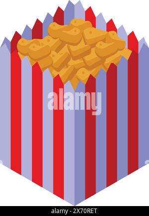 Lebendige und farbenfrohe isometrische Illustration einer Popcorn-Box mit roten und weißen Streifen, perfekt für Filmabende oder Grafikdesign-Projekte im Kino Stock Vektor