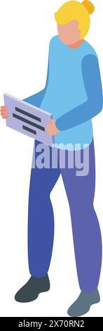 Isometrische Geschäftsfrau, die ein modernes Dokument in einem Firmenbüro elegant liest und Finanzberichte analysiert. Bunte Vektorillustration Stock Vektor