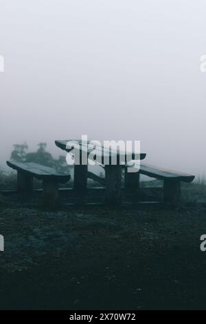 Holzbänke und Tisch waren nass vom regnerischen Wetter und Nebelblick im Hintergrund ohne Leute. Stockfoto