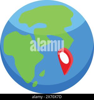 Illustriertes Bild eines Globus mit einer roten Positionsnadel, die einen Punkt auf der Karte markiert Stock Vektor