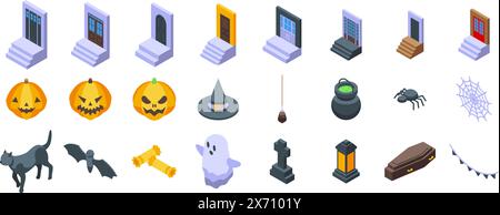 Halloween Veranda Vektor. Halloween-Ikonen mit einer Vielzahl gruseliger und gruseliger Elemente wie Fledermäuse, Geister, Hexen und Schädel Stock Vektor
