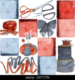 Handgezeichnete Aquarell-Illustration Nähen Bastelbedarf. Stoffschere Nadelkissen, Schleife mit Schleife, Reißverschluss, indigorot. Nahtloses Muster Stockfoto