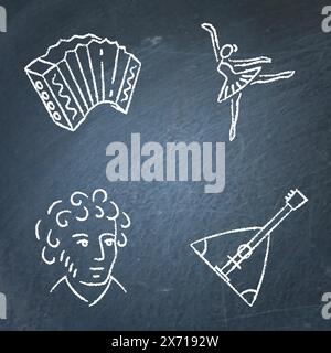 Nationale Symbole der russischen Kultur auf der Tafel. Musikinstrumente, Ballett, Dichterlinien-Symbole. Vektorabbildung. Stock Vektor