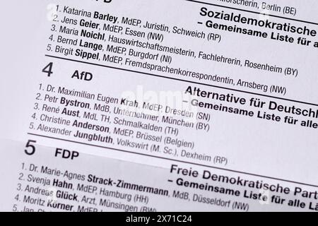 Deutschland - Mai 2024: Deutsche Stimmzettel für die Wahlen zum Europäischen Parlament mit Nahaufnahme der AfD-Partei. Stockfoto