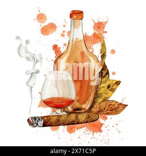Zigarren und Cognac mit Tabakblättern in Aquarellen, Poster, Menüs, Clipart Stockfoto