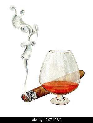 Zigarren und Cognac mit Tabakblättern in Aquarellen, Poster, Menüs, Clipart Stockfoto