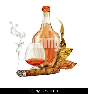 Zigarren und Cognac mit Tabakblättern in Aquarellen, Poster, Menüs, Clipart Stockfoto