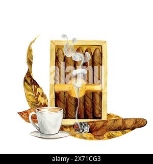 Zigarren und Kaffee mit Tabakblättern in Aquarell, für Karten, Poster, Clipart Stockfoto