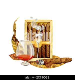 Zigarren und Cognac mit Tabakblättern in Aquarellen, Poster, Menüs, Clipart Stockfoto