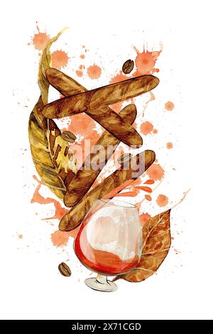 Zigarren und Cognac mit Tabakblättern in Aquarellen, Poster, Menüs, Clipart Stockfoto