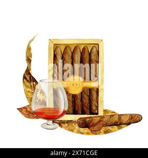 Zigarren und Cognac mit Tabakblättern in Aquarellen, Poster, Menüs, Clipart Stockfoto