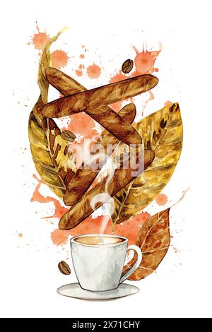 Zigarren und Kaffee mit Tabakblättern in Aquarell, für Karten, Poster, Clipart Stockfoto