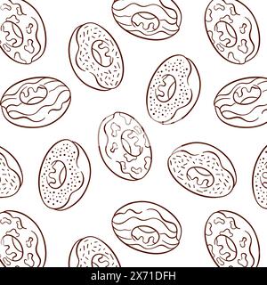 Nahtloses Donut-Muster im Line-Art-Stil. Handgezeichneter Hintergrund mit Süßigkeiten und Bäckerei. Design für Café, Restaurants, Paket. Vektorabbildung. Stock Vektor