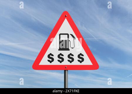 Dreieckiges Warnschild mit Tankstellenspender und Dollarschildern mit roten Grenzlinien. Steigende Benzin- und Dieselpreise Stockfoto