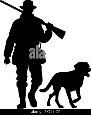 Silhouette eines Jägers, der mit seinem Hund läuft. Vektorabbildung Stock Vektor