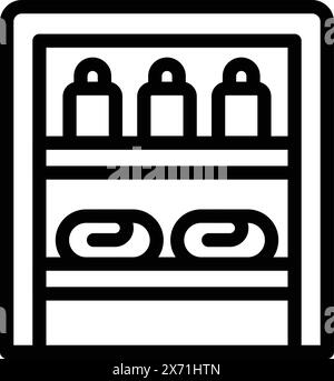 Vereinfachtes Strichkunstsymbol, das ein Badezimmerregal mit Handtüchern und Flaschen darstellt und für verschiedene Anwendungen geeignet ist Stock Vektor