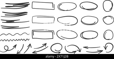 Pfeilkreise und abstraktes Doodle-Symbol im handgezeichneten Stil. Nummernvektor-Illustration auf isoliertem Hintergrund. Buchstaben, Pfeile kennzeichnen das Geschäftskonzept. Stock Vektor