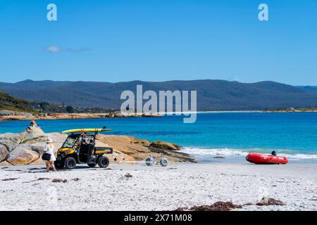 Surfen Sie in Waubs Bay, Bicheno Beach East Coast Tasmania auf der lebensrettenden Flagge auf weißem Sand Stockfoto