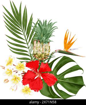 Tropisches Sommerstrauß mit roten Hibiskusblüten, Strelitzia, Plumeria, Ananas, Monstera und Palmblättern. Stock Vektor
