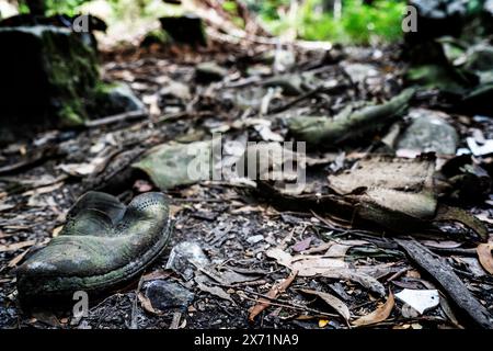 Verrottende Stiefel am Standort des alten Kalksteinbruchs auf dem Wanderweg Mystery Creek, Mystery Creek, Südtasmanien Stockfoto