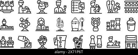 Barkeeper, der Cocktail-Vektor-Symbol macht. Eine Reihe von schwarz-weißen Symbolen, die verschiedene Lebensmittel und Getränke darstellen. Zu den Symbolen gehören eine Person, die ein Getränk ausgießt, eine Person, die einen Becher hält, eine Person, die einen Löffel hält Stock Vektor