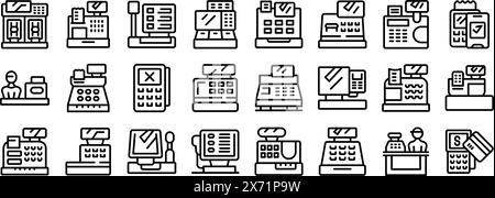 Vektorsymbol für Kassiermaschine. Eine Reihe von Schwarzweiß-Symbolen für verschiedene Arten von Registrierkassen. Zu den Symbolen gehören eine Registrierkasse mit einer Person, eine Registrierkasse mit einer Person und ein Kartenleser sowie eine Registrierkasse mit einer Person Stock Vektor