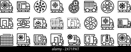 Vektorsymbol für Fahrzeugkühlschrank. Eine Reihe von schwarz-weißen Symbolen für Lkw und Fahrzeuge mit einem Lüfter auf der rechten Seite. Die Symbole sind in einem Raster angeordnet und umfassen ein Fahrzeug mit Lüfter auf der rechten Seite, ein Fahrzeug mit Lüfter auf der linken Seite Stock Vektor