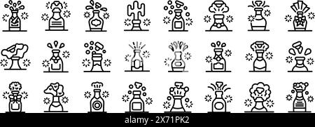 Sekt-Explosionsvektorsymbol. Eine Sammlung von Schwarz-weiß-Symbolen verschiedener Flaschen und Vasen. Die Symbole sind in einem Raster angeordnet, wobei jedes Symbol eine andere Flasche oder Vase darstellt. Szene ist eine von Raffinesse Stock Vektor