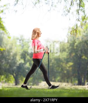 Profilaufnahme einer Frau mittleren Alters, die mit Trekkingstöcken in einem Park läuft Stockfoto
