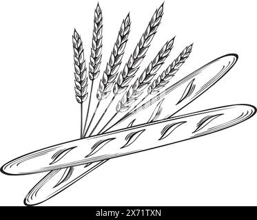 Baguettes und Weizenohren. Backwaren, französisches Weißbrot. Darstellung der Vektorabwicklung linear, isoliert. Seralien für die Mehlherstellung. Vorlage für Stock Vektor