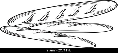 Baguetts, französisches Brot. Vektordarstellung isoliert, lineare Darstellung. Backwaren. Handgezeichnete Skizze Symbol für frisches weißes Weizenbrot. Nährwertvorlage Stock Vektor