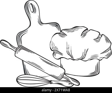 Backwerkzeuge und Küchenhelm. Drehstift, Schneebesen und Schneidebrett. Professioneller Kopfschmuck und Küchenutensilien. Vektorillustration linear, isoliert auf weiß Stock Vektor