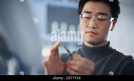 Asiatischer Student untersucht Mikrochip und nimmt Speicherkarte heraus, während er an einem komplizierten Projekt im Labor der Modern University arbeitet. Futuristische Technologien, Wissenschafts- und Entwicklungskonzept. Stockfoto