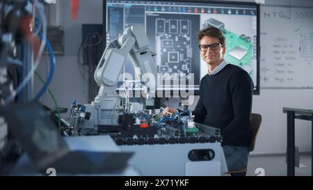 Porträt eines lächelnden Ingenieurs mit Schraubendreher bei der Arbeit mit Microchip des Roboterarms. Ein Student, der ein Experiment mit Bionic Arm hält. High-Tech-Konzept für Wissenschaft, Bildung und Ingenieurwesen Stockfoto