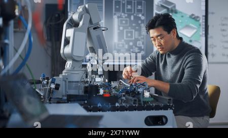 Asiatischer Schüler, der Roboterarm mit Schraubendreher während der Lektion zusammenbaut. Roboter bewegt sich. Komponenten der Computerplatine am Digital Interactive Whiteboard im Hintergrund. Bildungskonzept Stockfoto