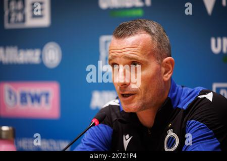 Knokke Heist, Belgien. Mai 2024. Der Cheftrainer des Clubs Nicky Hayen wurde während der wöchentlichen Pressekonferenz des belgischen Fußballvereins Club Brugge KV am Freitag, den 17. Mai 2024 in Knokke-Heist gezeigt. um das nächste Spiel gegen RSC Anderlecht zu diskutieren, da beide Klubs die gleichen Punkte an der Spitze der Meisterschaft vor dem vorletzten Spiel der Titelspiele in der Jupiler Pro League Belgische Meisterschaft haben. BELGA FOTO KURT DESPLENTER Credit: Belga Nachrichtenagentur/Alamy Live News Stockfoto