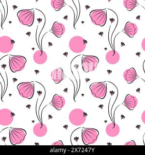 Muster rosafarbene Blumen stilisierte Doodle-Zeichnung, Ginkgoblatt mit Herzen. Elegantes Design zur Dekoration. Vektorabbildung Stock Vektor
