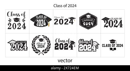 Klasse von 2024, Schriftzug Schriftbanner Gratulation Vorlage für Design Party High School oder College, Graduiertenschrift mit akademischer Kappe Stock Vektor