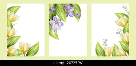 Aquarellset von Postkarten, Rahmen, Vorlage mit Blumenstrauß von Violett, gelb blühenden Krokus und Maiglöckchen des Tals Blumen isoliert auf Hintergrund. Spr Stockfoto