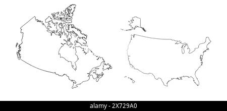 Konturzeichnung der USA und Kanada. Kartendarstellung großer Länder. Stockfoto