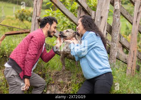 Lebensstil: Junge Latino-Paare auf einem Picknick mit ihrem Haustier Stockfoto